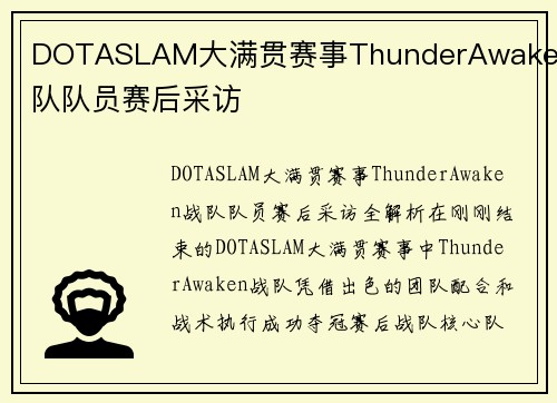 DOTASLAM大满贯赛事ThunderAwaken战队队员赛后采访