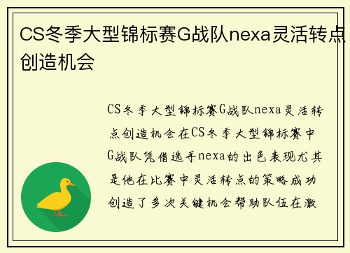 CS冬季大型锦标赛G战队nexa灵活转点创造机会