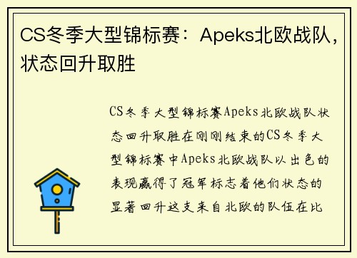 CS冬季大型锦标赛：Apeks北欧战队，状态回升取胜