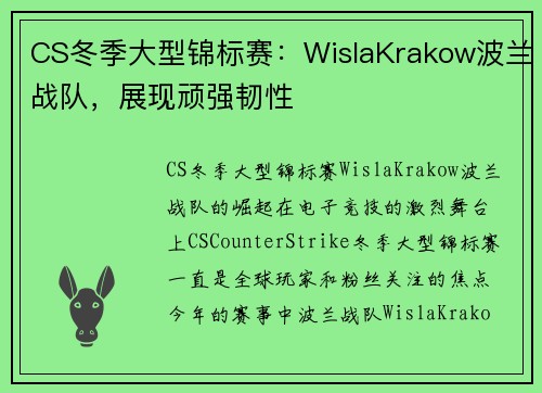 CS冬季大型锦标赛：WislaKrakow波兰战队，展现顽强韧性