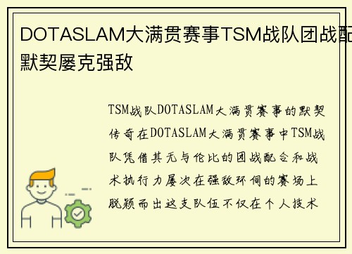 DOTASLAM大满贯赛事TSM战队团战配合默契屡克强敌